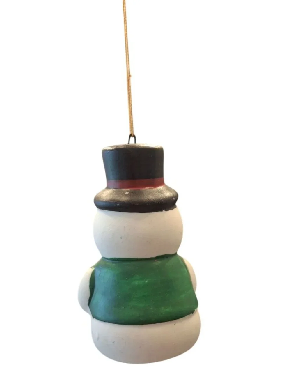 Vintage Snowman Christmas Ornament Mini Ceramic Figure Top Hat Gold Bell 3